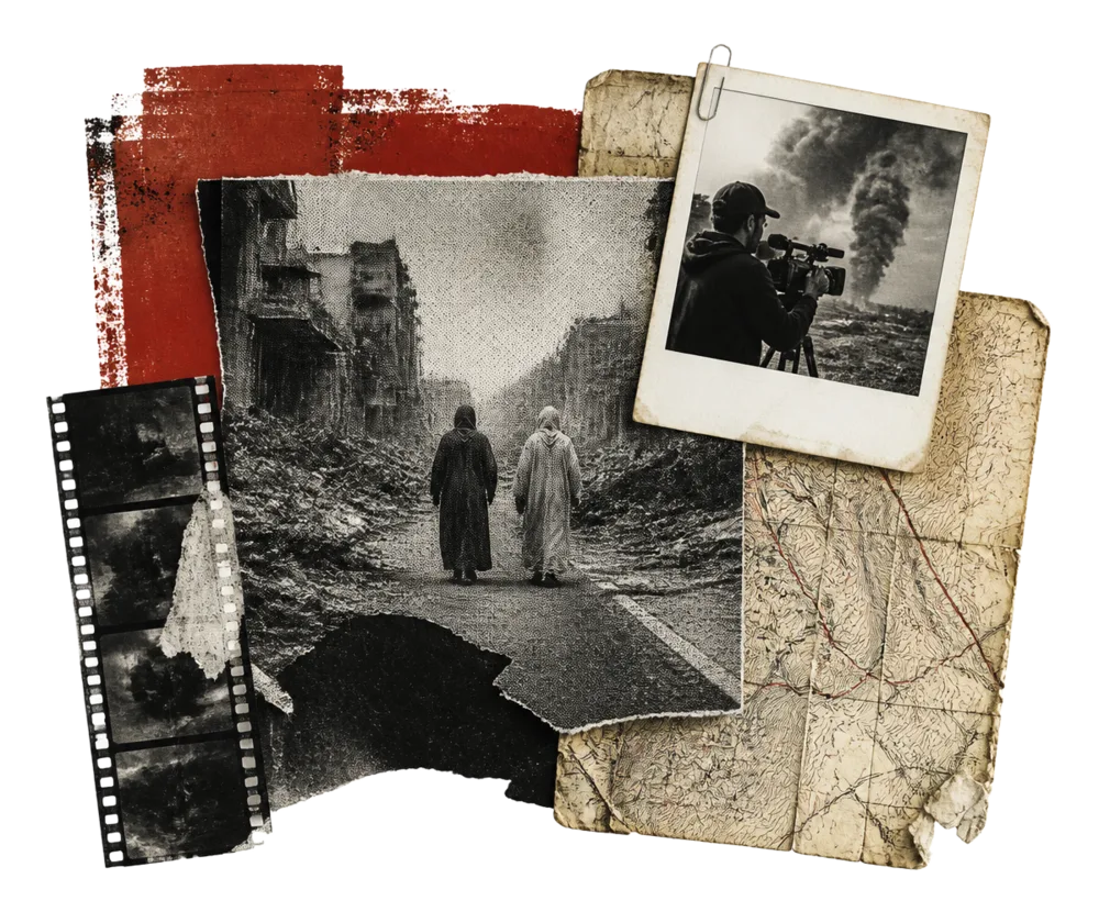 Mixed-media archival collage: halftone war photography, torn Arabic newsprint, a film strip and a folded map.